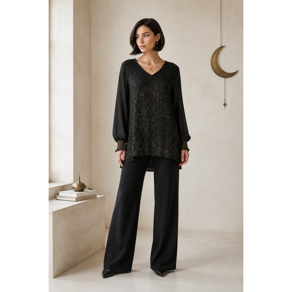 Old Money QuiteLuxury MingWang Black GoldMetallic KnitTunic Sheer Sleeves M Top